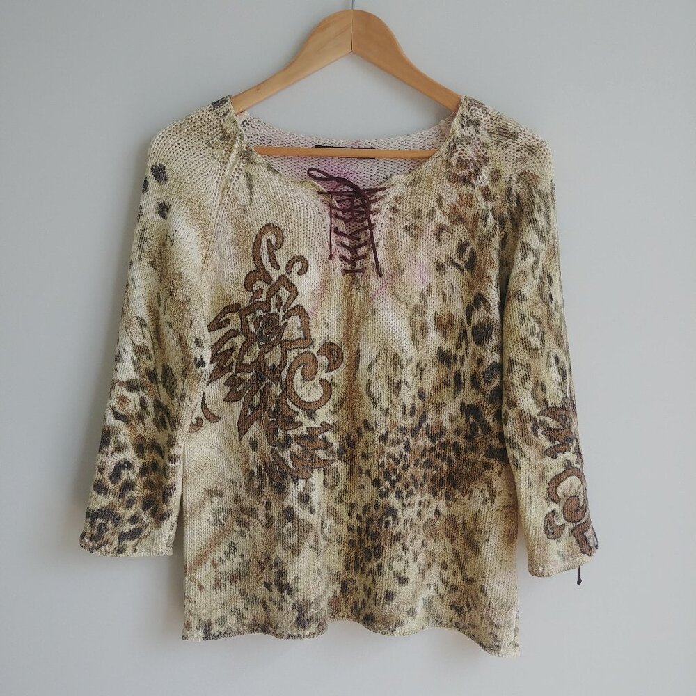 Luisa Cerano Y2K lace-up abstract cotton blend sweater size 12